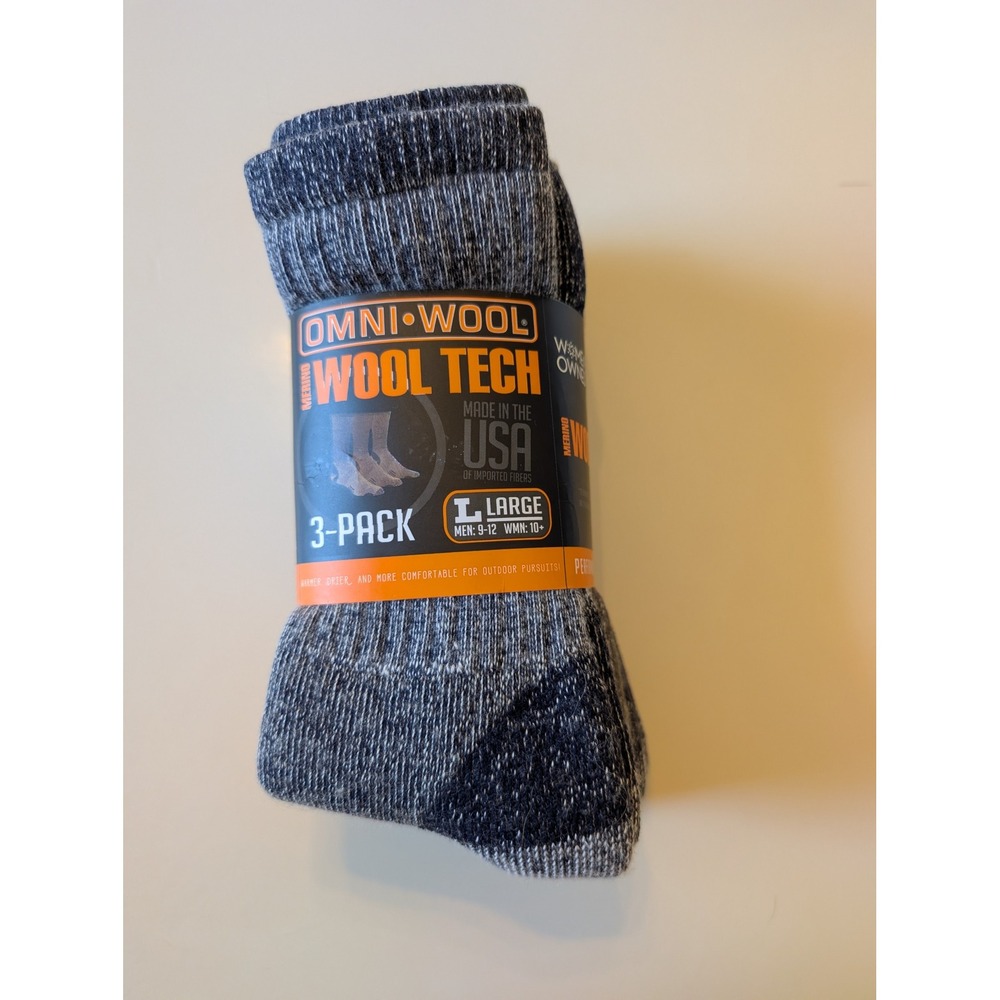 Omni-Wool Wool Tech Mid-Weight Hikers 3-Pack Merino Wool Socks Mens Large L 9-12
